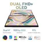 Zenbook Duo OLED running a game on the main display with controls or stats on the secondary screen."