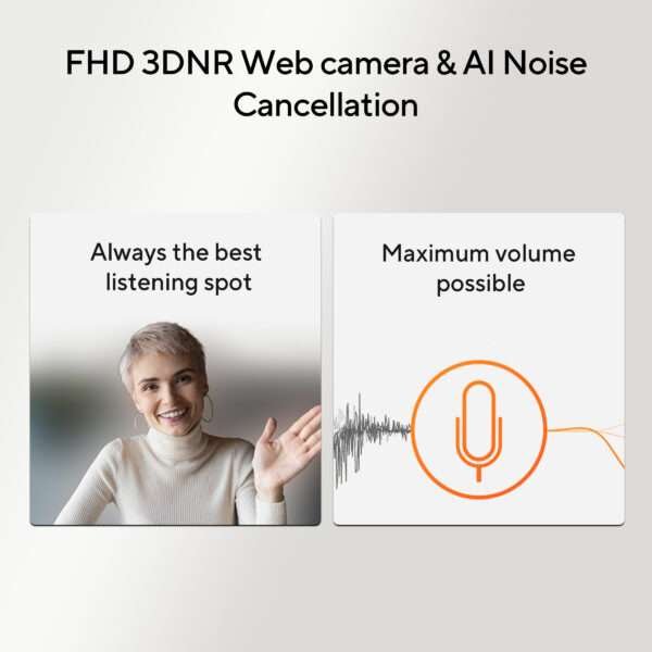 Show the sliding webcam cover and 3DNR FHD camera for secure, high-quality video calls