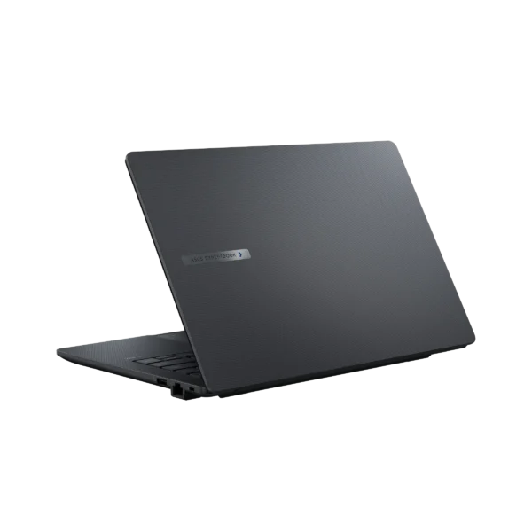The Asus ExpertBook B1 B1403CVA-S61596X with its lid rotated 180 degrees to lie completely flat, illustrating the flexibility of its hinge