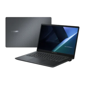 The Asus ExpertBook B1 B1403CVA-S66696X open, displaying the 14-inch anti-glare FHD screen with a vibrant image on it.