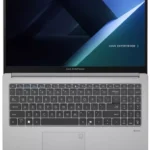 The Asus ExpertBook B1 B1503CVAB-S72359's 15.6-inch FHD display is shown from the side, emphasizing the slim NanoEdge bezels for a more expansive viewing area.