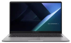 The Asus ExpertBook B1 B1503CVAB-S72359 laptop in Misty Grey, presented at an open angle to showcase its 15.6-inch anti-glare display and keyboard.
