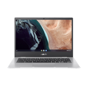 Asus ExpertBook CX1 CX1400CKA-NK0456 Chromebook in Transparent Silver, shown closed from a top-down view to highlight its sleek design and 14-inch size.