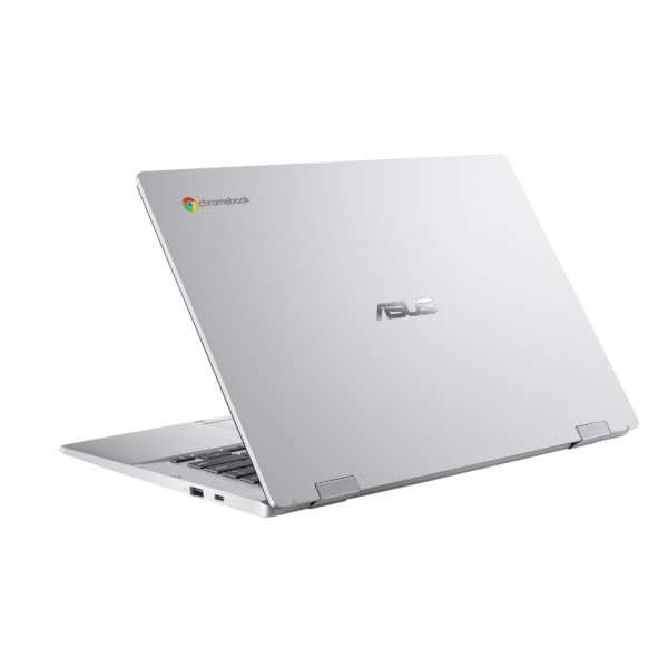 The slim profile of the Asus ExpertBook CX1 CX1400CKA-NK0456 Chromebook is showcased in a side view while the laptop is open, highlighting its portability.