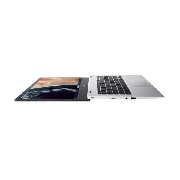 The Asus ExpertBook CX1 CX1400CKA-NK0456 Chromebook with its screen rotated 180 degrees to lie completely flat, demonstrating the flexibility of its hinge for collaboration.1