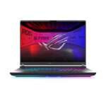 Premium unboxing of the ROG Strix G16 including laptop, 280W power adapter, ROG sleeve, and branded documentation in black/red packaging