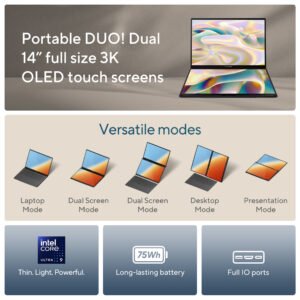 Immersive media experience on Zenbook Duo with movie playback on OLED main display and controls/chat on secondary screen"