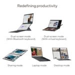 "Business professional using Zenbook Duo with email on main OLED display and calendar/spreadsheets on secondary ScreenPad Plus"