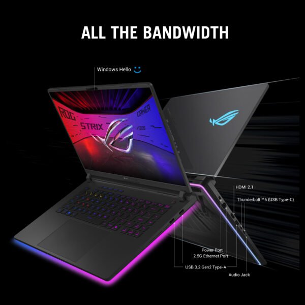 Asus ROG Strix SCAR 16 G635LX-RW158WS showcasing its slim design, cooling vents, and multiple connectivity ports