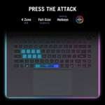 Per-key RGB lighting on ROG Strix G16's keyboard with Aura Sync customization, 1.9mm key travel, and durable mechanical-style switches