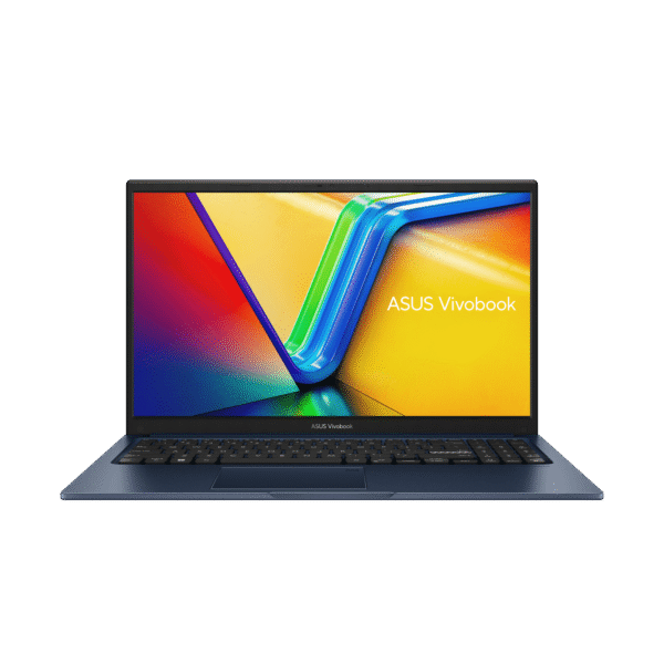 ASUS Vivobook 15 X1504VA-NJ2217WS laptop in Quiet Blue, open to show its 15.6-inch FHD screen, black backlit chiclet keyboard, and touchpad.