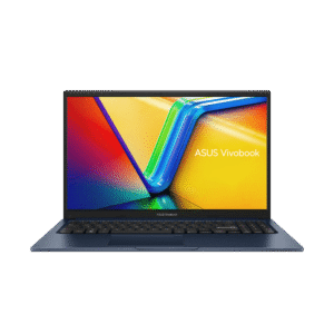 ASUS Vivobook 15 X1504VA-NJ2325WS laptop in Quiet Blue, open to display its 15.6-inch FHD screen, black backlit chiclet keyboard, and touchpad