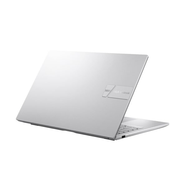 ASUS Vivobook 15 X1504VA-NJ320WS (10) ASUS Vivobook 15 X1504VA-NJ320WS in Cool Silver, laid completely flat with its 180-degree hinge fully extended, showcasing its flexible design for sharing content