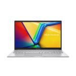 ASUS Vivobook 15 X1504VA-NJ2324WS laptop in Cool Silver, open with its 15.6-inch FHD screen illuminated, showcasing the full-size silver backlit chiclet keyboard and touchpad.
