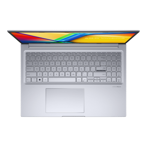 Full-sized backlit keyboard with 1.4mm key travel, numeric keypad, and large precision touchpad on the ASUS Vivobook 16X.
