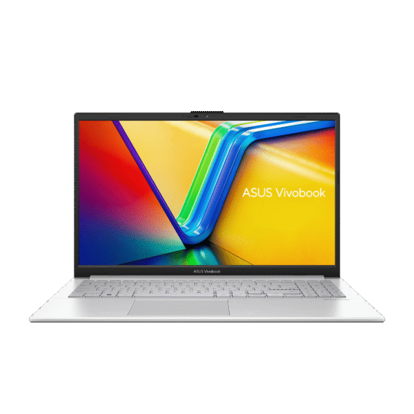 Front view of ASUS Vivobook Go 15 E1504FA-NJ5541WS in sleek silver, featuring a lightweight 1.8kg design with textured finish and compact form factor