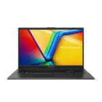 Front view of ASUS Vivobook Go 15 E1504FA-NJ133WS laptop in sleek silver finish, showing slim profile with textured ASUS logo on lid