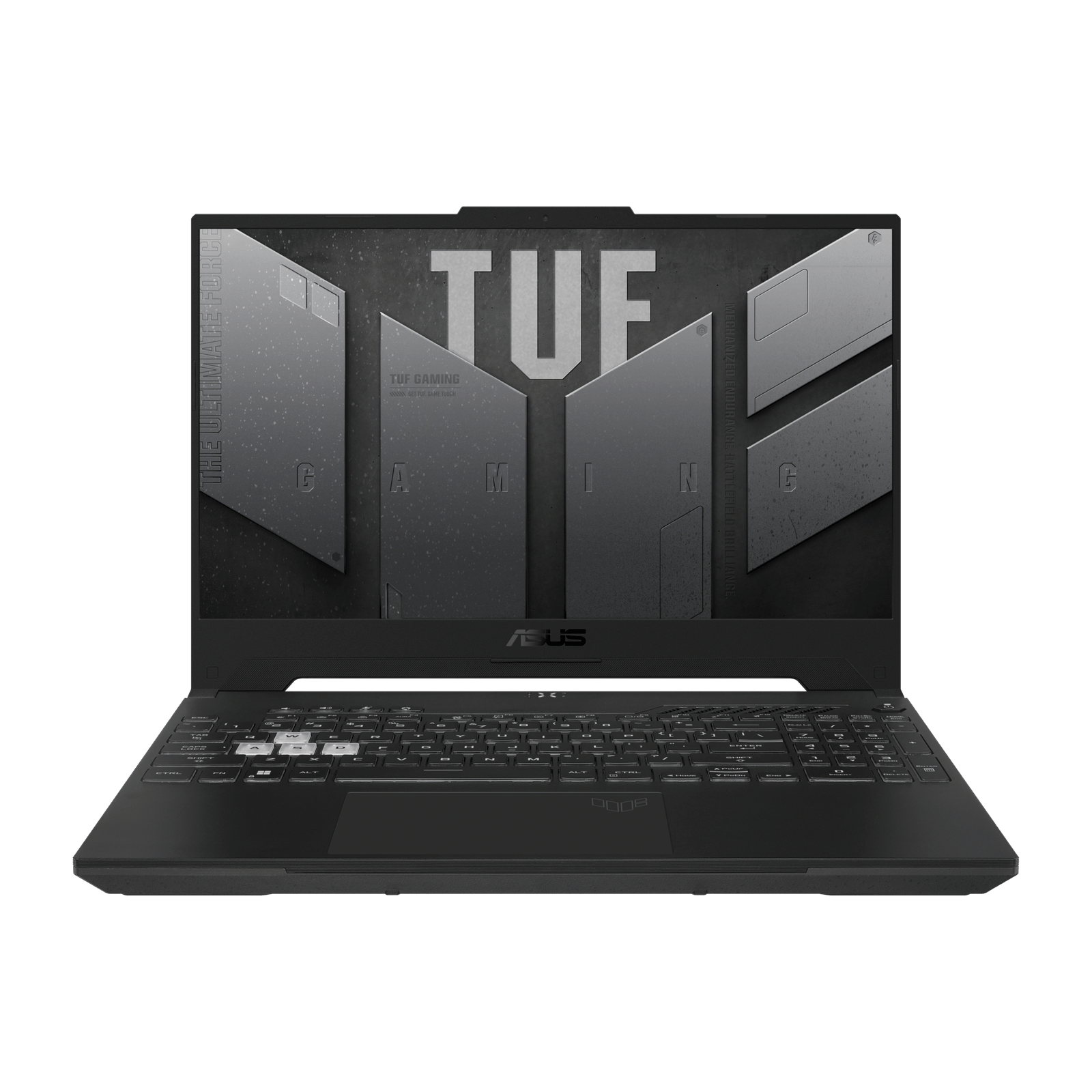 Front view of ASUS TUF Gaming A15 (FA507NVR-LP104WS) with 15.6" FHD 144Hz display, military-grade durability, and hexagonal design accents in stealthy black chassis
