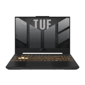 Front view of ASUS TUF Gaming F15 FX507ZC4-HN116W in Mecha Gray, showcasing its rugged MIL-STD-810H military-grade chassis with angular design and TUF logo