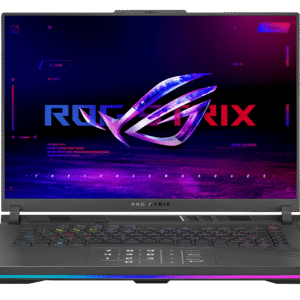 Front view of Asus ROG Strix G16 G614JIR-N4062WS in Eclipse Gray, showcasing its aggressive gamer design with angular vents and RGB light ba