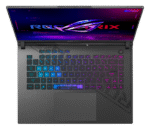 Close-up of the ROG Strix G16’s customizable per-key RGB keyboard, highlighting its tactile feedback for gaming