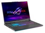 Angled shot of the Strix G16’s matte black chassis with cyberpunk-inspired slash lighting and ROG logo on the lid