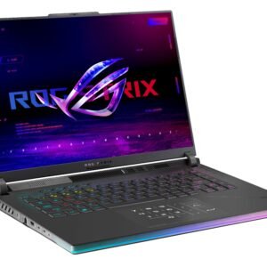 45-degree angled view of ROG Strix G16 featuring angular vents, customizable RGB light bar, and brushed metal finish with ROG logo