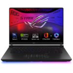 Asus ROG Strix SCAR 16 G635LX-RW158WS gaming laptop with a sleek Off Black finish, featuring a 16-inch 2.5K Mini LED display and per-key RGB-backlit keyboard