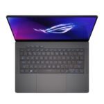 Front view of ASUS ROG Zephyrus G14 (GA403UV-QS085WS) in sleek Moonlight White with AniMe Matrix LED lid display and ultra-slim 18.5mm aluminum chassis