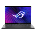 Front angle of Asus ROG Zephyrus G16 GU605MI-QP253WS in Eclipse Gray, showcasing its ultra-slim 19.9mm profile with prismatic CNC-milled lid and subtle ROG branding