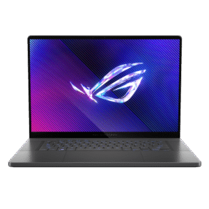 Front angle of Asus ROG Zephyrus G16 GU605MI-QP253WS in Eclipse Gray, showcasing its ultra-slim 19.9mm profile with prismatic CNC-milled lid and subtle ROG branding