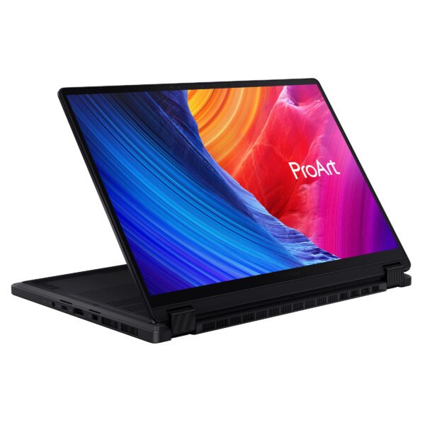 Front view of the sleek Nano Black Asus ProArt PX13 HN7306WU-LX001WS, a powerful 13.3-inch creator laptop.