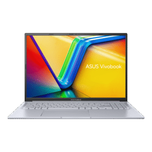 ASUS Vivobook 16X (K3605VC-RP413WS) laptop with 16-inch FHD+ display in sleek silver aluminum body, featuring numeric keypad and ErgoLift hinge design