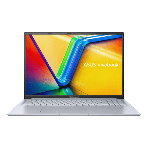 ASUS Vivobook 16X (K3605VC-RP413WS) laptop with 16-inch FHD+ display in sleek silver aluminum body, featuring numeric keypad and ErgoLift hinge design