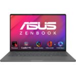 Front angle of ASUS Zenbook A14 UX3407QA-QD259WS in Cool Silver, showcasing its ultra-slim 14.9mm aluminum chassis with signature concentric-circle finish