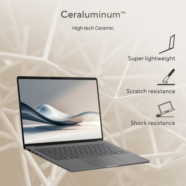 Business professional using ASUS Zenbook A14 in café setting, highlighting its lightweight 1.39kg design