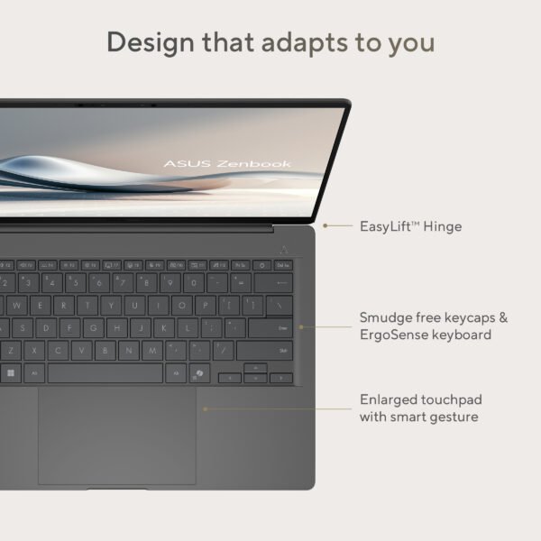 ASUS ErgoSense keyboard with 1.4mm key travel, backlighting, and spill-resistant design for comfortable typing