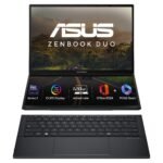 Front view of ASUS Zenbook Duo UX8406CA-PZ106WS in sophisticated Celestial Blue, showcasing its dual-screen design with ultra-slim 14.9mm profile