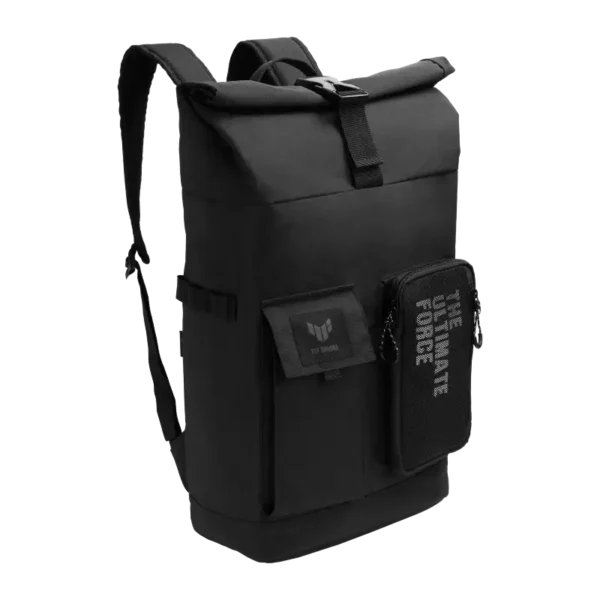 Black Asus TUF Gaming VP4700 17-inch water-repellent laptop backpack with roll-top closure.