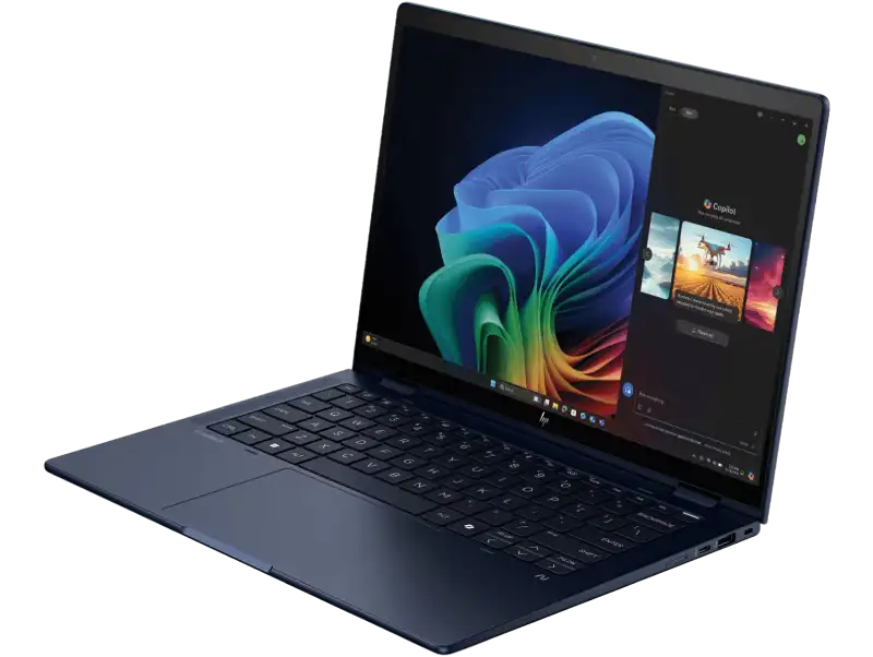 HP EliteBook X Flip G1i B8QX8PT close-up of 360-degree hinge and IR camera.