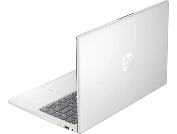 Silver HP 14-ep1150TU laptop with HP logo on lid and keyboard visible.