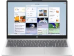 HP Laptop 15-fd0682TU silver 15.6-inch displaying Windows 11 Home interface with Microsoft 365 widgets open on screen.