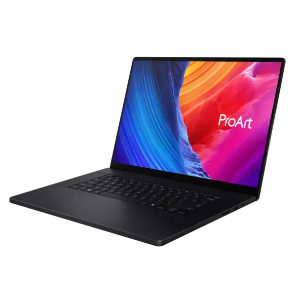 ASUS ProArt P16 black laptop angled left showcasing vibrant 16-inch OLED touchscreen display with colorful ProArt wallpaper