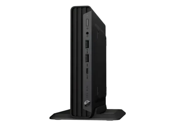 HP Pro Mini 400 G9 C1UE5AT ultra-small form factor next to a monitor.