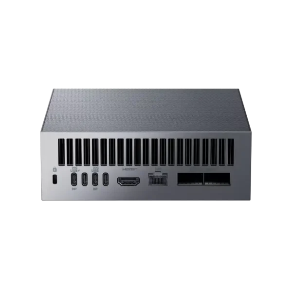 ASUS Ascent GX10 AI Supercomputer rear panel with multiple USB-C, DP, HDMI, and Ethernet ports.