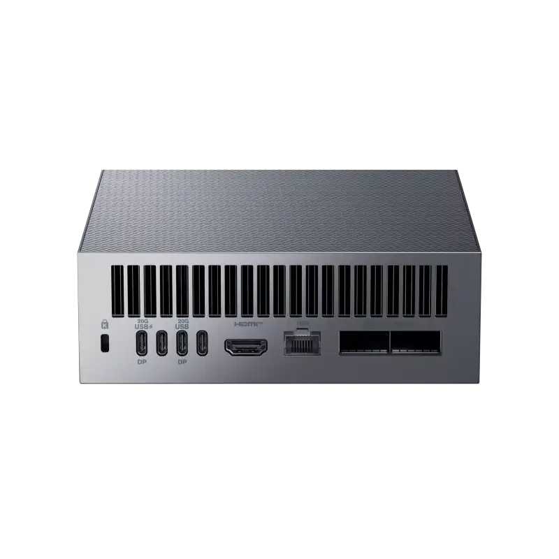 ASUS Ascent GX10 AI Supercomputer rear panel with multiple USB-C, DP, HDMI, and Ethernet ports.