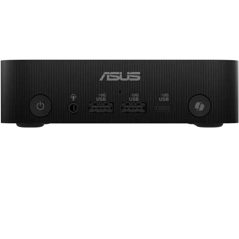 ASUS ExpertCenter PN54 Mini PC front panel with power button, audio jack, and USB ports.