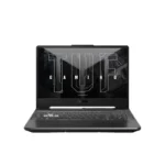ASUS TUF Gaming A15 FA506NCQ laptop open front view displaying TUF Gaming branding on screen, dark gray chassis