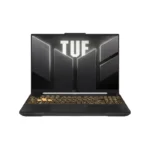 ASUS TUF Gaming A16 FA607NUQ laptop open front view showing yellow backlit keyboard and TUF Gaming logo on display