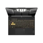 ASUS TUF Gaming A16 FA607NUQ laptop top view showing backlit keyboard with yellow WASD keys and TUF logo lid.